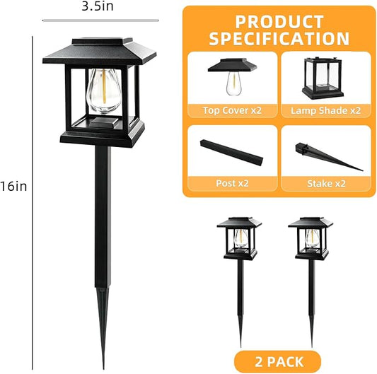 2-Pack Solar Pathway Lights - High-Efficiency Polycrystalline Panels for All-Night Glow - IP65 Waterproof Outdoor Landscape Lighting for Garden, Walkway & Driveway Security (Black)