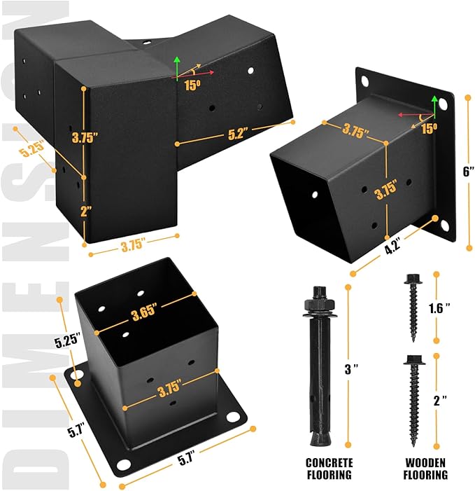 Pergola Kit, 15° 3-Way Slanted Roof Pergola Bracket Set, Roof Wall Mount Extension Bracket 4" x 4" (Actual 3.5" X 3.5") - Set 6