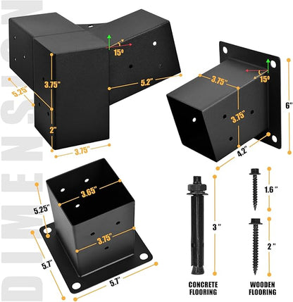 Pergola Kit, 15° 3-Way Slanted Roof Pergola Bracket Set, Roof Wall Mount Extension Bracket 4" x 4" (Actual 3.5" X 3.5") - Set 6