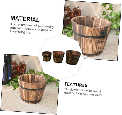 3 Pcs Wooden Bucket Flower Pot Retro Barrel Planter for Succulents Garden Decor for Patio Lawn Balcony Courtyard Solid Color Rustic Wooden Flower Pots