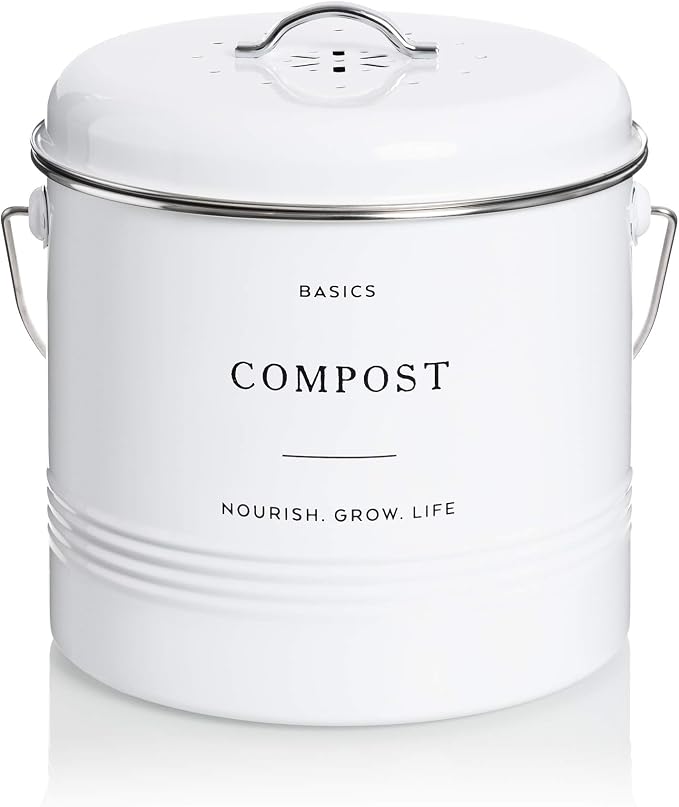 D'Lifeful Kitchen Compost Bin – 1.3 Gallon Countertop Farmhouse Compost Container with Lid – Odorless Indoor Food Scrap Pail with 6 Charcoal Filters – Eco-Conscious and Easy to Clean (White)