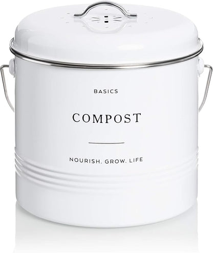 D'Lifeful Kitchen Compost Bin – 1.3 Gallon Countertop Farmhouse Compost Container with Lid – Odorless Indoor Food Scrap Pail with 6 Charcoal Filters – Eco-Conscious and Easy to Clean (White)