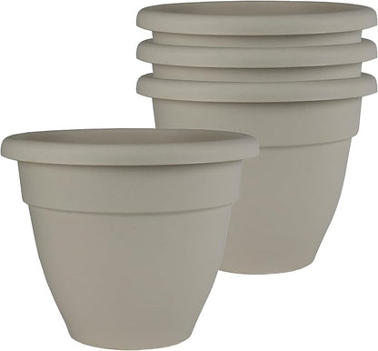 The HC Companies 6 Inch Caribbean Planter Pots with Drainage & Plug, Rolled Rim Plastic Planters for Indoor Outdoor Plants, 4-Pack Decorative Flower Pots for Garden, Office & Home Decor, Cottage Stone