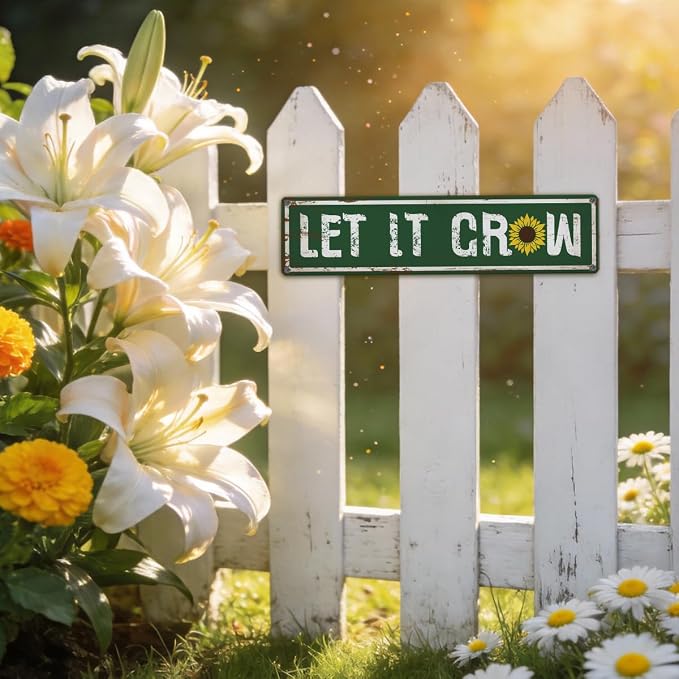 Garden Metal Tin Sign, Rustic Farmhouse Decor, Let It Grow, Gardening Wall Art Decor, for Yard Fence Door Porch, Garden Indoor Outdoor Decoration, 15.7 x 3.9 Inches