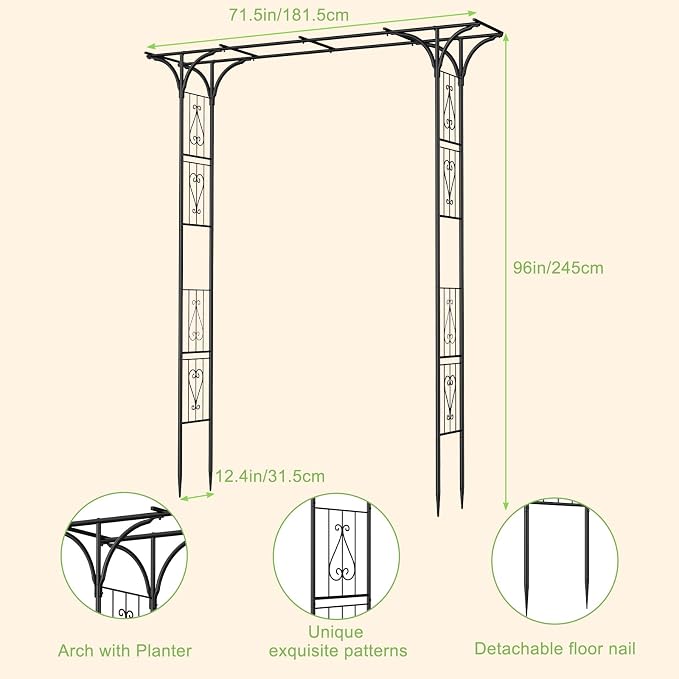 8FT Garden Arch Arbor, Steel Frame Stand Trellis for Climbing Plants, Outdoor Archway Gate for Wedding Ceremony Decoration Party Vines Lawn Courtyard Patio Backyard