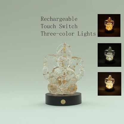 Lord Ganesha Statues with Light - Ganesh Idol Figurine | Elephant God Buddha Sculpture for Home Car Decor Tabletop Statue