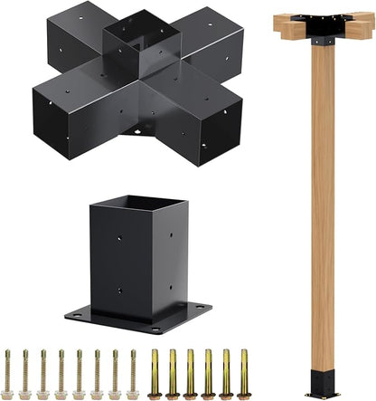 Pergola Kit - 5-Way Right Angle Corner Bracket Woodworks DIY Post Base Kit for Gazebos, Patio, Log Cabin Outdoor Hardware - Wooden Beams for 4x4 Lumber