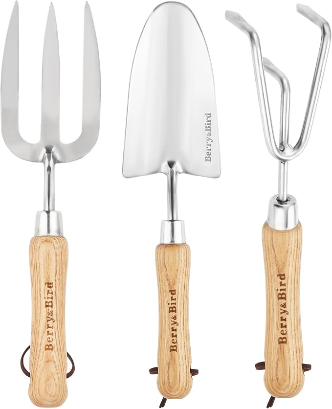 Berry&Bird Garden Tool Set 3 Pieces Stainless Steel Heavy Duty Garden Sets | Gardening Kit Include Hand Trowel Hand Cultivator & Hand Fork with Wood Handle for Weeding Transplanting Digging Garden Gifts