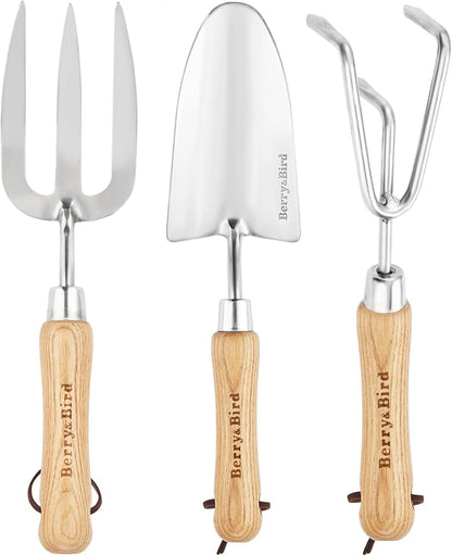 Berry&Bird Garden Tool Set 3 Pieces Stainless Steel Heavy Duty Garden Sets | Gardening Kit Include Hand Trowel Hand Cultivator & Hand Fork with Wood Handle for Weeding Transplanting Digging Garden Gifts