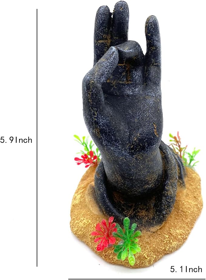 Fish Tank Decorations, Japanese Large Aquarium Decor Accessories with Buddha Hand, Bearded Dragon Hideout, Reptile & Amphibian Habitat Hideouts(Black Buddha Hand)