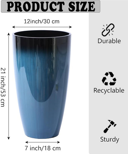Sun-E Tall Planters for Front Porch 2 Pack, 21-Inch Large Outdoor Planters with Removable Insert Shelf, High Glossy Glazed Ceramic-Look Tall Blue Flower Pots for Indoor Corner Patio Entryway Decor