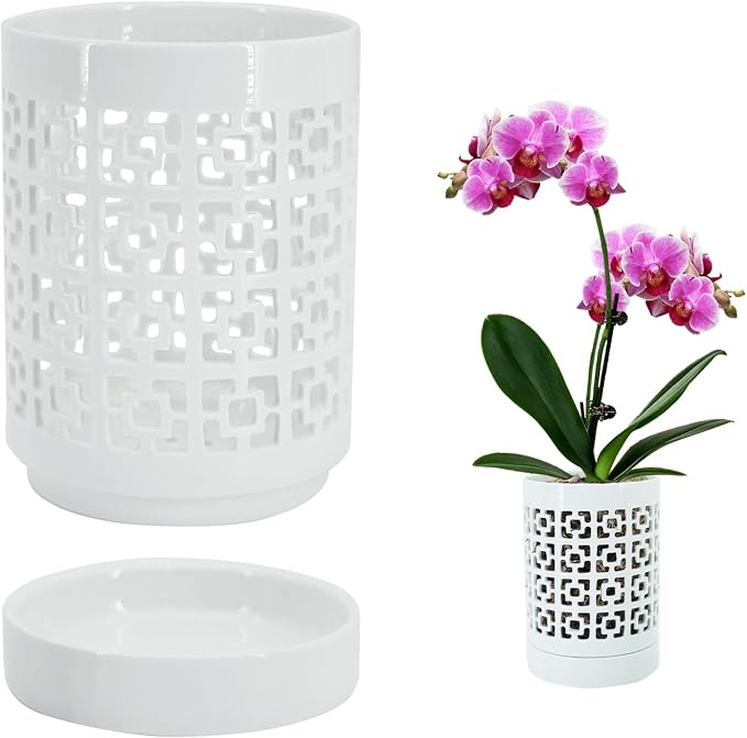 Orchid Pots with Holes 4 Inch, Ceramic Orchid Pot for Repotting with Saucers,More Ventilation Hole Easy Breathing, Plant Pot for Repotting Orchids and Other Flowers - Indoor/Outdoor White