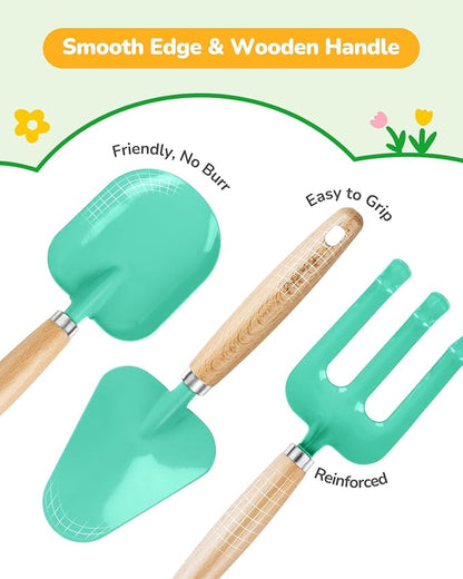Grenebo Kids Gardening Set Toys,Includes Metal Trowel,Transplanting Shovel,Garden hat,Rake,Apron,Gloves,Watering Can,and Tool Organizer Bag (Lake Green)
