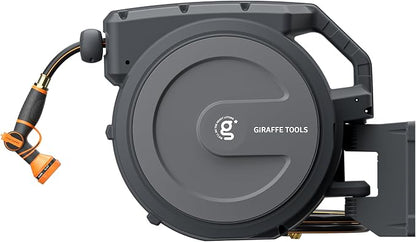 Giraffe Tools Retractable Garden Hose Reel 5/8 inch x 90 ft Hose Reels for Outside, Wall Mounted Water Hose Reel with 180 Deg Swivel Bracket, Any Length Lock, 7 Pattern Hose Nozzle