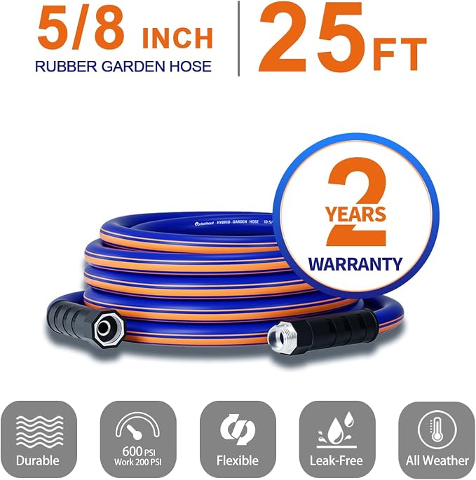 garden hose 25 ft x 5/8", Hybrid Rubber 25ft water hose, Durable, Anti-UV, Sturdy, No-Leakage, Lightweight, Flexible, Heavy Duty garden hoses with Swivel Handle