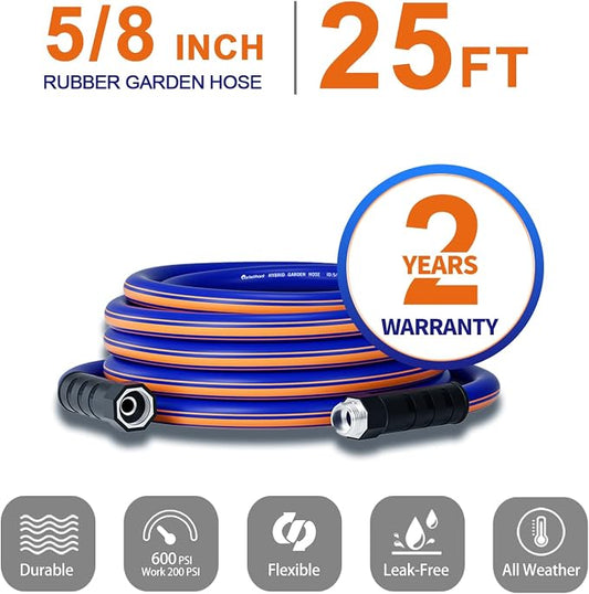 garden hose 25 ft x 5/8", Hybrid Rubber 25ft water hose, Durable, Anti-UV, Sturdy, No-Leakage, Lightweight, Flexible, Heavy Duty garden hoses with Swivel Handle
