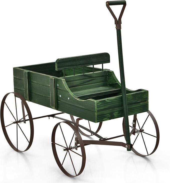 Wooden Wagon Planter, Decorative Flower Pots w/ 2 Planting Sections, Wheels & Handle, Rustic Farmhouse Garden Planter Box for Patio, Yard, Porch (Green)