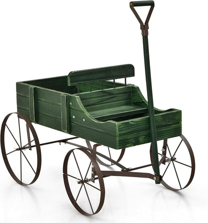 Wooden Wagon Planter, Decorative Flower Pots w/ 2 Planting Sections, Wheels & Handle, Rustic Farmhouse Garden Planter Box for Patio, Yard, Porch (Green)