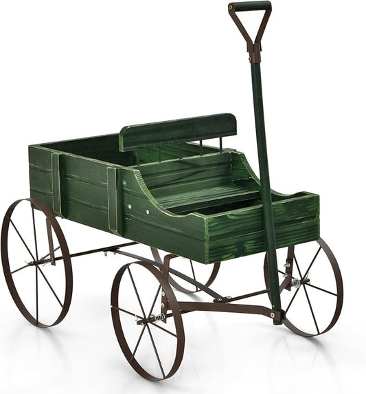 Wooden Wagon Planter, Decorative Flower Pots w/ 2 Planting Sections, Wheels & Handle, Rustic Farmhouse Garden Planter Box for Patio, Yard, Porch (Green)