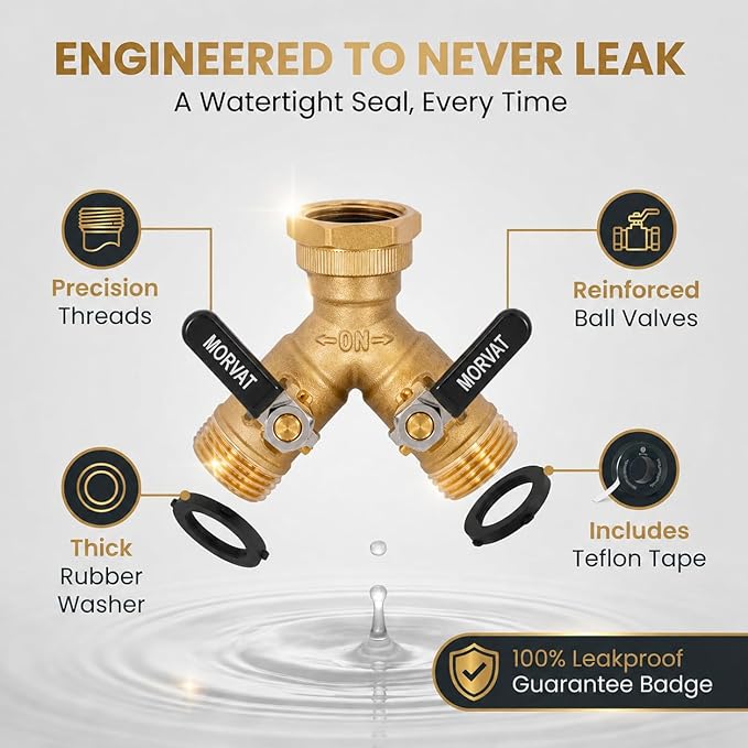 Morvat Brass 2-Way Y Splitter LEAD-FREE, Heavy-Duty Garden Hose Connector with Extra Long Butterfly Comfort Grip ON/OFF Valves, Adapter for Water Faucet & Spigot, Extra 5 Washers, Teflon Tape (1-Pack)
