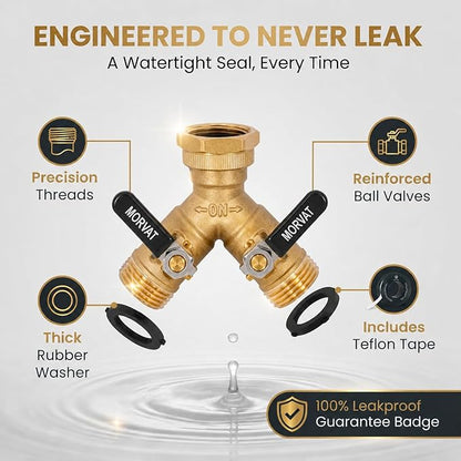 Morvat Brass 2-Way Y Splitter LEAD-FREE, Heavy-Duty Garden Hose Connector with Extra Long Butterfly Comfort Grip ON/OFF Valves, Adapter for Water Faucet & Spigot, Extra 5 Washers, Teflon Tape (1-Pack)