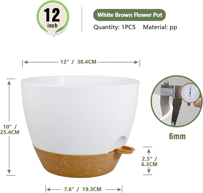 Meowell 12 inch Large Self Watering Pots for Indoor Outdoor Plants, Plant Pots with Mesh Drainage Holes for Garden House Plants, Plastic Planters with Reservoir for Flower Plants, White with Brown