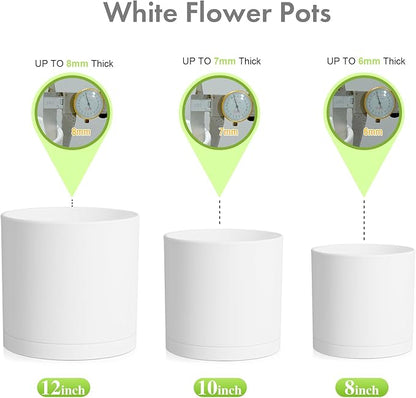 Meowell 12/10/8 inch Large Plant Pots, 3 Pack Deep Cylinder Flower Pots for Outdoor Indoor Plants, Tall Plastic Planters with Drainage Holes and Saucers for Garden House Plants, White