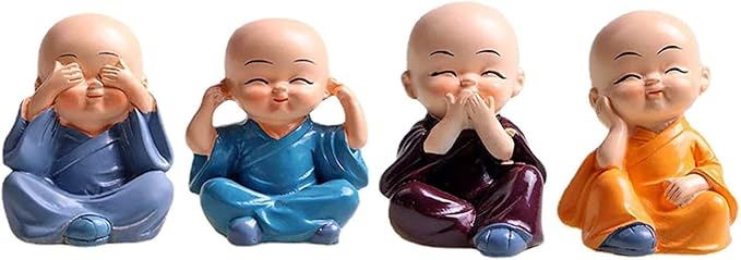 4PCS Cute Kung Fu Monk Statue Miniature Buddha Figurine Wise Figure Little Monk Sculpture Collectibles Crafts Arts Zen Ornaments Wall Shelf Desktop Garden Home Office Car Decoration Gift (A)
