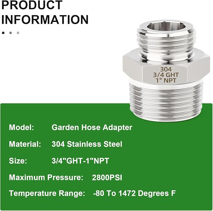 TAISHER 1PCS 304 Stainless Steel Garden Hose Adapter, 3/4" GHT Male x 1" NPT Male Garden Hose Connector with Washers