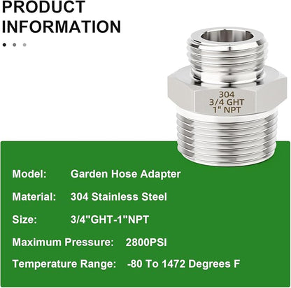 TAISHER 2PCS 304 Stainless Steel Garden Hose Adapter, 3/4" GHT Male x 1" NPT Male Garden Hose Connector with Washers