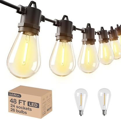 addlon 48FT(2FT Space) LED Outdoor String Lights with 24 Edison Shatterproof Bulbs, Heavy-Duty and Weatherproof Strand, Commercial Grade Patio Lights, Decorative for Garden or Patio, Black