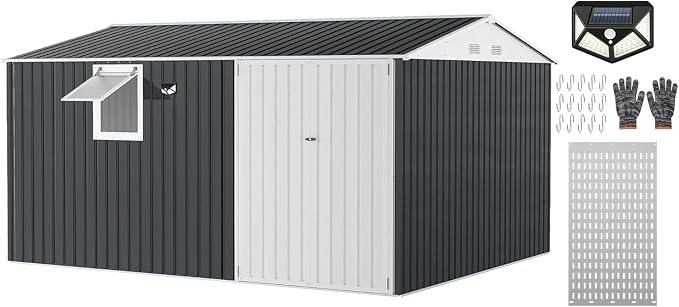 Garvee 10 x 12 FT Heavy-Duty Metal Outdoor Storage Shed with Motion Sensor Solar Light and Window,Pegboard Tool Organizer, Lockable Doors and 4 Air Vents, Garden Shed for Patio, Garage, Backyard