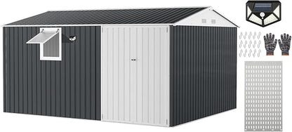 Garvee 10 x 12 FT Heavy-Duty Metal Outdoor Storage Shed with Motion Sensor Solar Light and Window,Pegboard Tool Organizer, Lockable Doors and 4 Air Vents, Garden Shed for Patio, Garage, Backyard