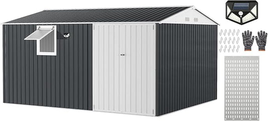 Garvee 10 x 12 FT Heavy-Duty Metal Outdoor Storage Shed with Motion Sensor Solar Light and Window,Pegboard Tool Organizer, Lockable Doors and 4 Air Vents, Garden Shed for Patio, Garage, Backyard