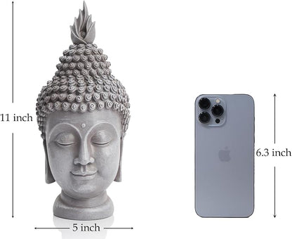Buddha Head Statue Zen Meditation Decoration, 11 inch Resin Stone Gray Buddha Head Statue for Buddhist Spiritual Altar Decoration Buddhism Gifts