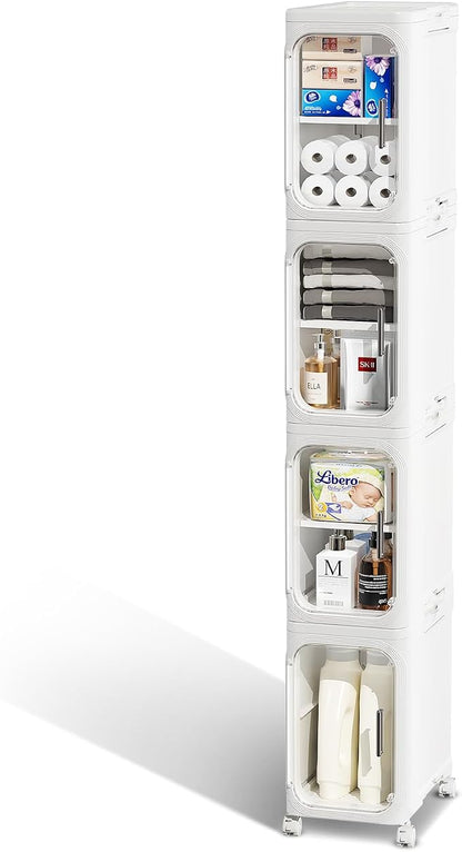 JOYZAN Narrow Bathroom Storage Cabinet with Movable Wheels, Slim Storage Cabinet with 4 Doors & Removable Panel, Skinny Bathroom Organizers and Storage for Small Space, Corner, Kitchen, Laundry