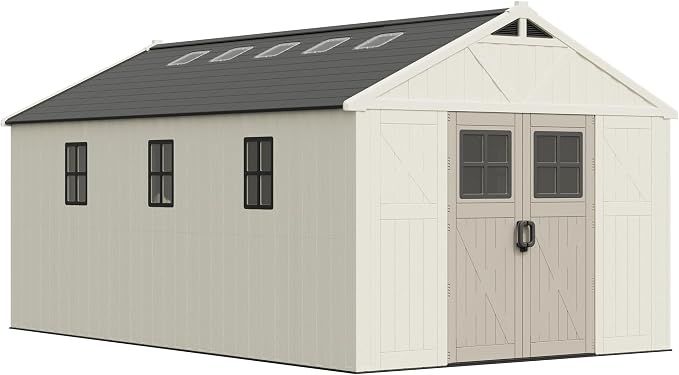 Greesum 10X16FT Plastic Outdoor Storage Shed with Floor and Lockable Door, Resin Sheds with 8-Windows and Multiple Skylights, HDPE Kick-it Shed for Garden, Patio, Backyard, Beige