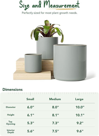 LE TAUCI 10+8+6 Inch Ceramic Pots for Plants, Indoor Planters with Drainage Hole and Plug, Modern Cylinder Flower Pots Set of 3 for Living Room and Bedroom, Glossy, Mist Gray