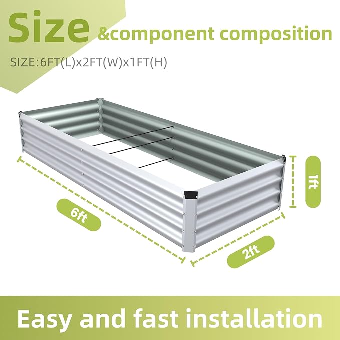 6x2x1 Ft 2Packs Metal Raised Garden Bed, Rectangular Outdoor, Garden Bed Planter Box for Vegetables, Flowers and Herbs, Color Coated Steel Raised Planter Bed Kit (Silver)