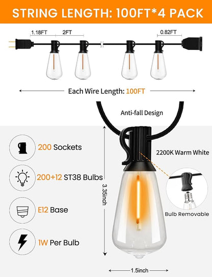 LED Outdoor String Lights 400ft Shatterproof Patio Lights with 212 Waterproof ST38 Vintage Bulbs(12 Spare), Dimmable Outside Hanging String Lights for Backyard Porch Balcony Party, Warm White