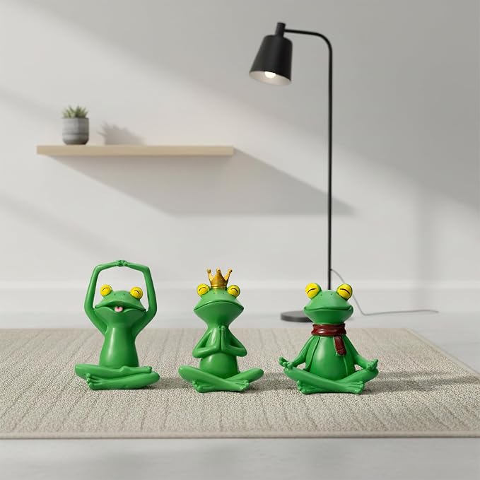 Set of 3 Meditating Green Frog Statues - Resin Zen Yoga Frogs Decor Sculptures - Small Cute Animal Figurines for Room, Shelf, Garden Patio - Relaxation Desk Decor & Gifts for Women