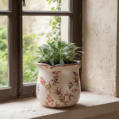 6.11" French Farmhouse Ceramic Flower Pot for Indoor & Outdoor Plants | Vintage Floral Ceramic Planter & Utensil Holder, Decor for Kitchen Counter & Garden, Ideal Housewarming Gift for Home Lovers
