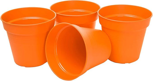 Mintra Garden Pots, 4 Pack Bulk Plastic Plant Pots with Drainage Tray, Round Indoor & Outdoor Decorative Planters with Drain Holes for Flowers, Herbs & Plants, 11cm Diameter – Orange, 4.3 in