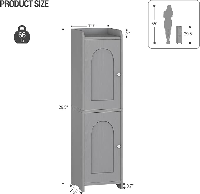 Hzuaneri Bathroom Storage Cabinet, Small Corner Floor Cabinet with 2 Doors and Adjustable Shelf, Narrow Toilet Paper Cabinets, Bathroom Organizer for Small Spaces, 7.9" D x 7.9" W x 29.5" H Gray