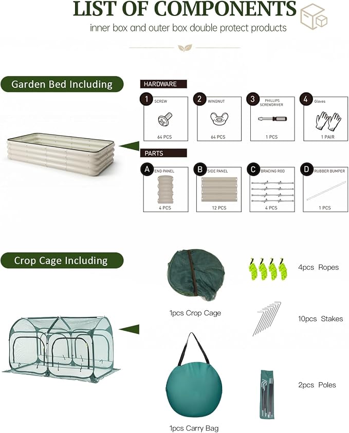 PORAYHUT All-in-One Raised Garden Bed and Crop Cage Net Kit, Metal Outdoor Planter Box with Protective Mesh Greenhouse Cover for Backyard Vegetables, Herbs, Flowers (6.56 * 3.3FT Raised Bed &Net)