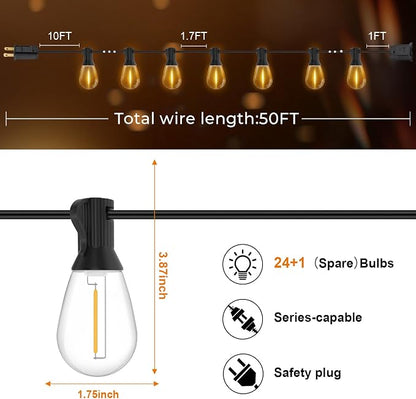 GvvooHome 50FT LED Outdoor String Lights with 25 Shatterproof Edison Bulbs (1 Spare), Dimmable Hanging Outdoor Lights for Backyard, Porch, 2700K Warm White