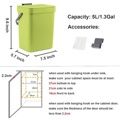 LALASTAR Small Plastic Trash Can, Hanging Small Trash Can with Lid Under Sink for Kitchen, Food Waste Bin for Countertop, Mountable Garbage Can for Bathroom, RV, 5L/1.3 Gal, Green