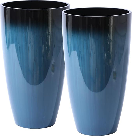 Sun-E Tall Planters for Front Porch 2 Pack, 21-Inch Large Outdoor Planters with Removable Insert Shelf, High Glossy Glazed Ceramic-Look Tall Blue Flower Pots for Indoor Corner Patio Entryway Decor