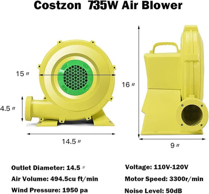 Costzon Air Blower, 1.0HP Blower for Bounce House, 735W Pump Fan Commercial Inflatable Bouncer Blower, Perfect for Inflatable Bounce House, Jumper, Bouncy Castle, Air Blower for Inflatables