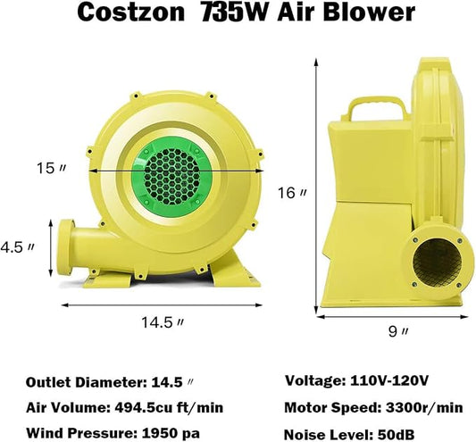 Costzon Air Blower, 1.0HP Blower for Bounce House, 735W Pump Fan Commercial Inflatable Bouncer Blower, Perfect for Inflatable Bounce House, Jumper, Bouncy Castle, Air Blower for Inflatables